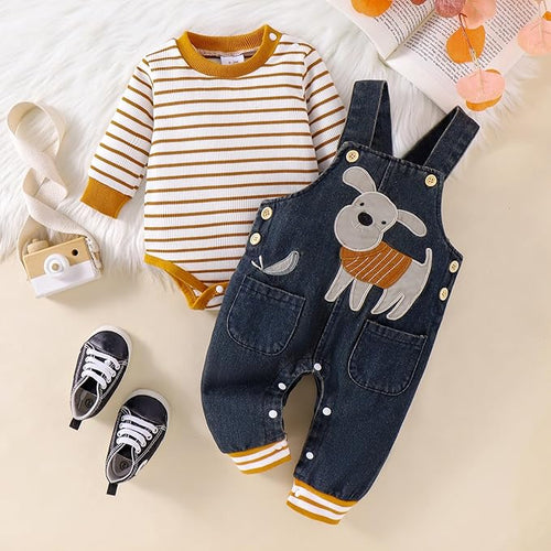 18 Month Boy Clothes Baby Fall Winter Newborn Fashion Outfits Infant Long Sleeve Striped Romper Cute Dog Cartoon Button Jeans Overalls Pants Set Brown 12-18 Months