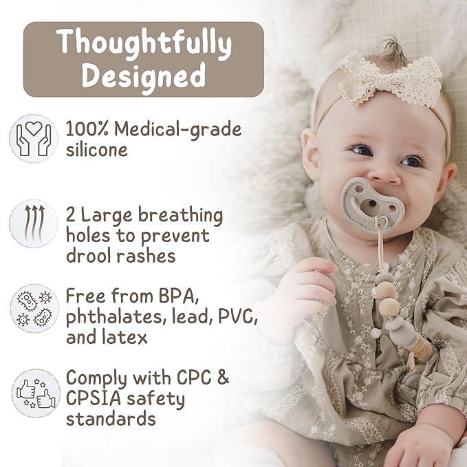 Mila & Lulu Round Silicone Pacifiers (Set of 2) – 100% Food-Grade, One-Piece Design, Soft Round Nipple, Airflow Shield, Multi-Use Pacifier & Teether for Newborns and Infants 0+ Months - Cloud/Sun