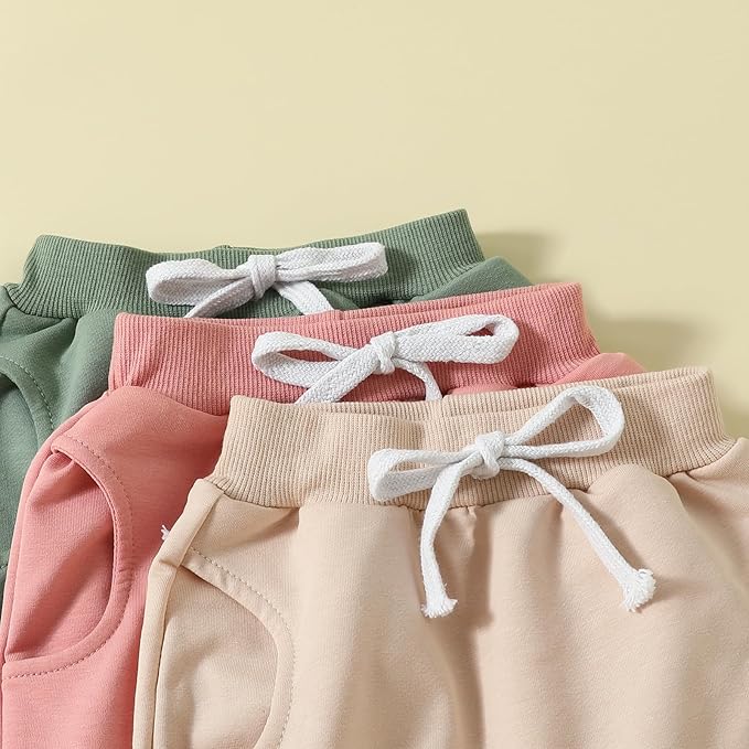 Sejardin Toddler Baby Boy Girl Pants 3 Pack Solid Color Elastic Waist Jogger Sweatpants Newborn Infant Casual Bottoms
