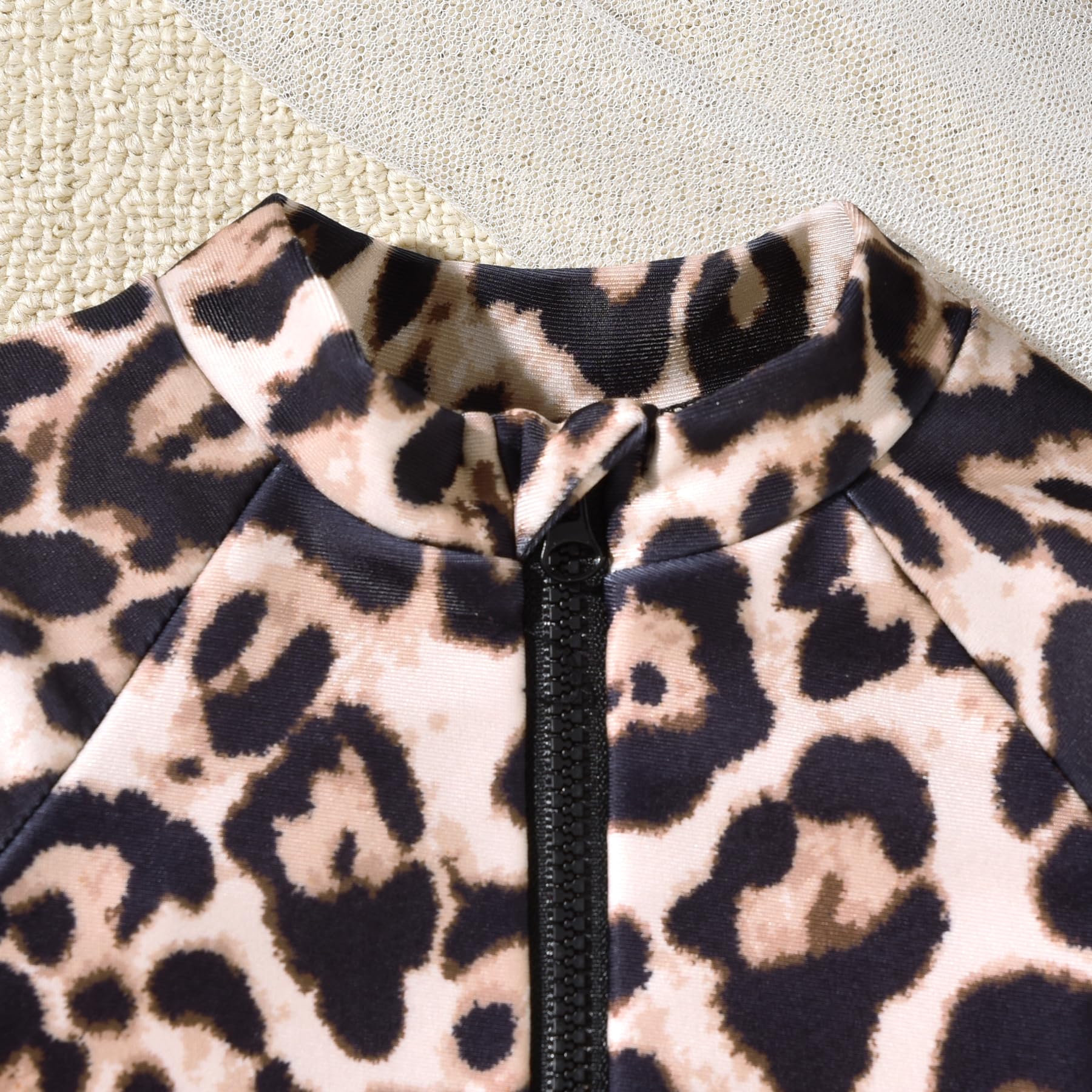 3-6 Months Infant Baby Girls One Piece Long Sleeve Swimsuit Cheetah Leopard Bathing Suit Zip Up Swimwear Beach Wear
