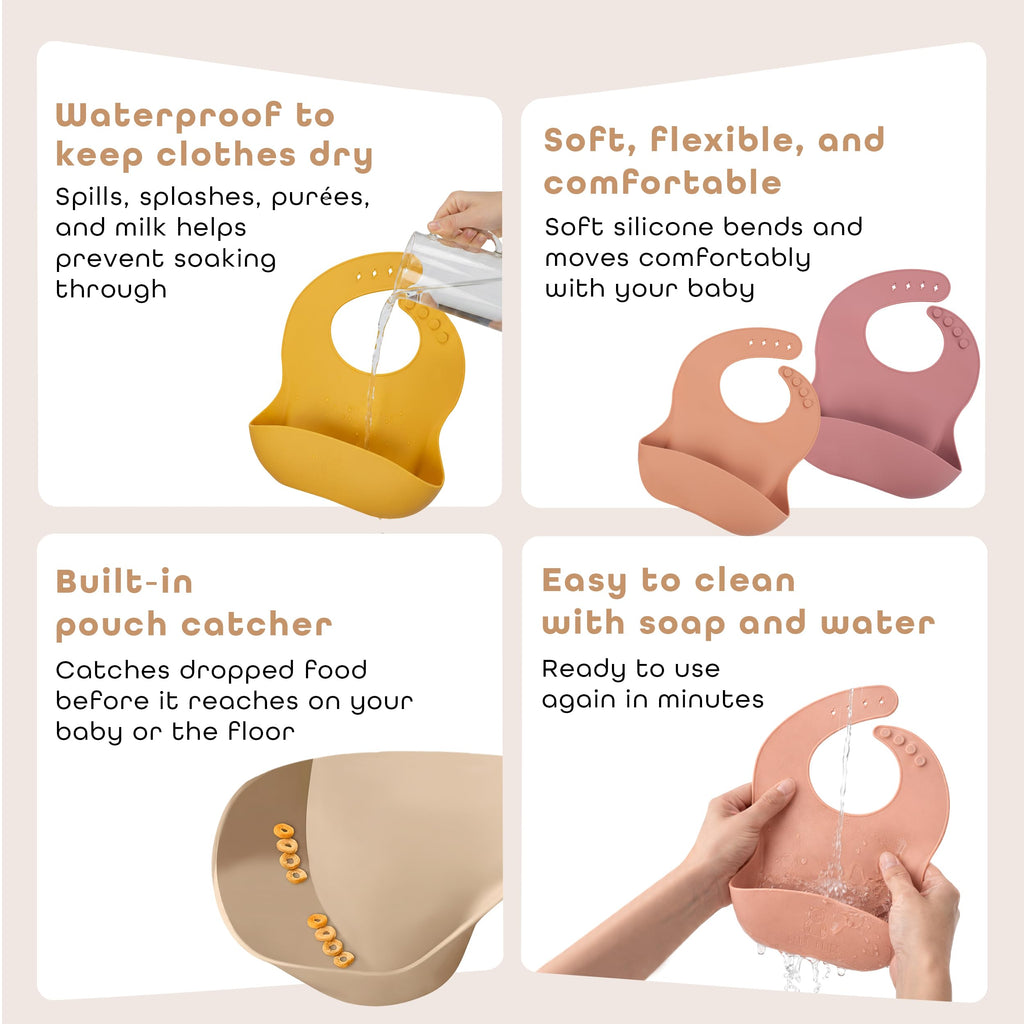 Baby Bliss Silicone Baby Bibs (2-Pack) – Waterproof Soft Silicone Feeding Bibs with Food Catcher for Babies & Toddlers, Adjustable Neck, BPA-Free, Unisex for Boys & Girls