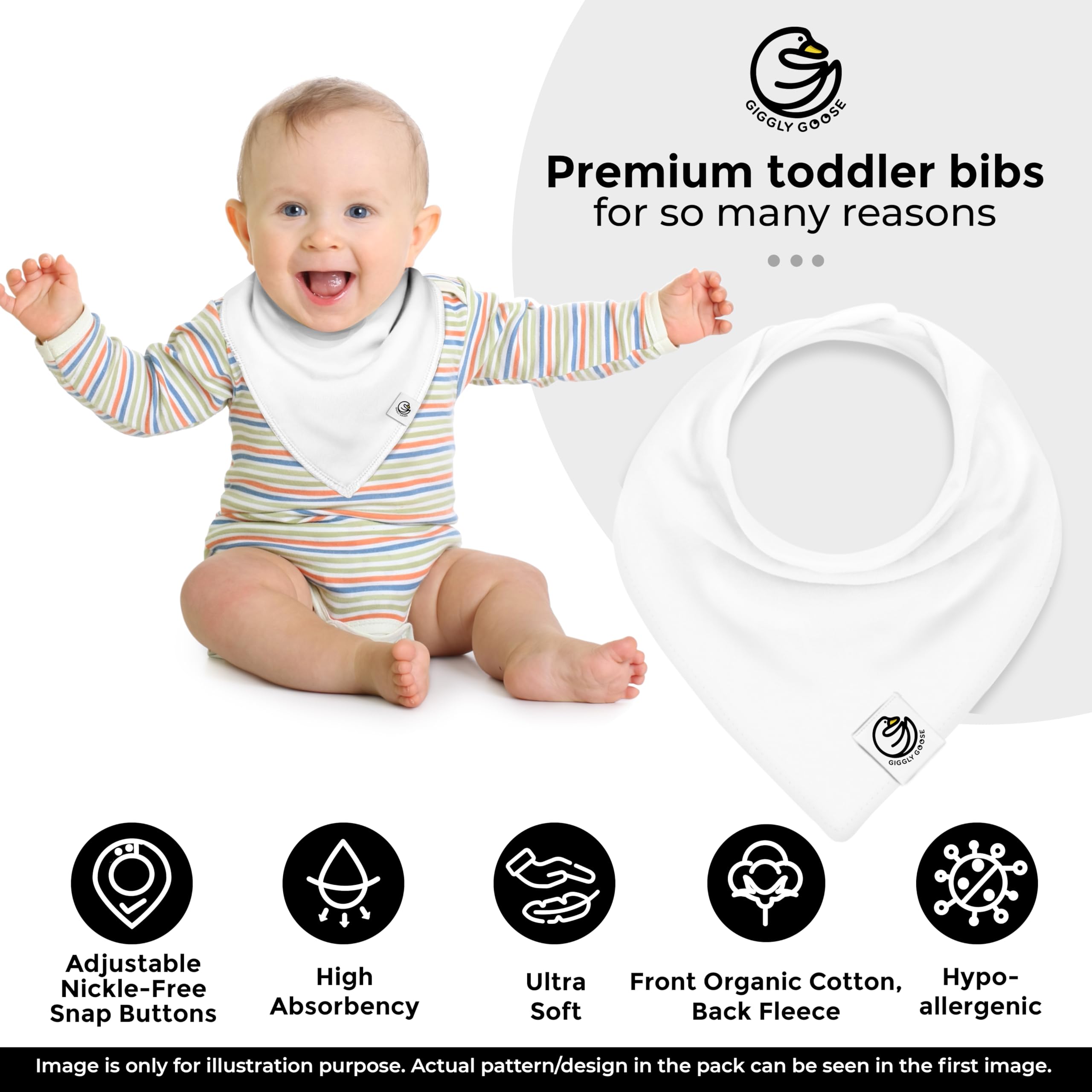 Giggly Goose 3 Pack Drooling Bibs for Babies | Premium & Soft Organic Cotton Teething Bibs with Snaps and Fleece Backing