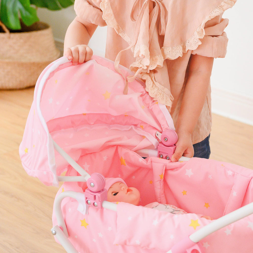 Olivia's Little World - Play Baby Doll Bassinet Stroller, Baby Doll Pram Stroller Buggy for 3 4 5 Year Old Girls, Toy Stroller for Toddlers 1-3, Twinkle Stars Princess Deluxe Toy Stroller - Pink/White
