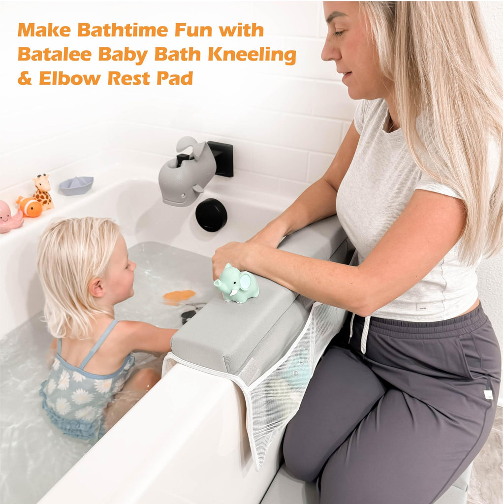 BATALEE Bath Kneeler and Elbow Rest Pad Set - Baby Bath Kneeler, Bathtub Kneeling Pad, Kneeling Pad for Bathing Baby, Knee & Elbow Saver with 4 Toy Organizer Pockets, X-Large 22 × 15 in, Gray