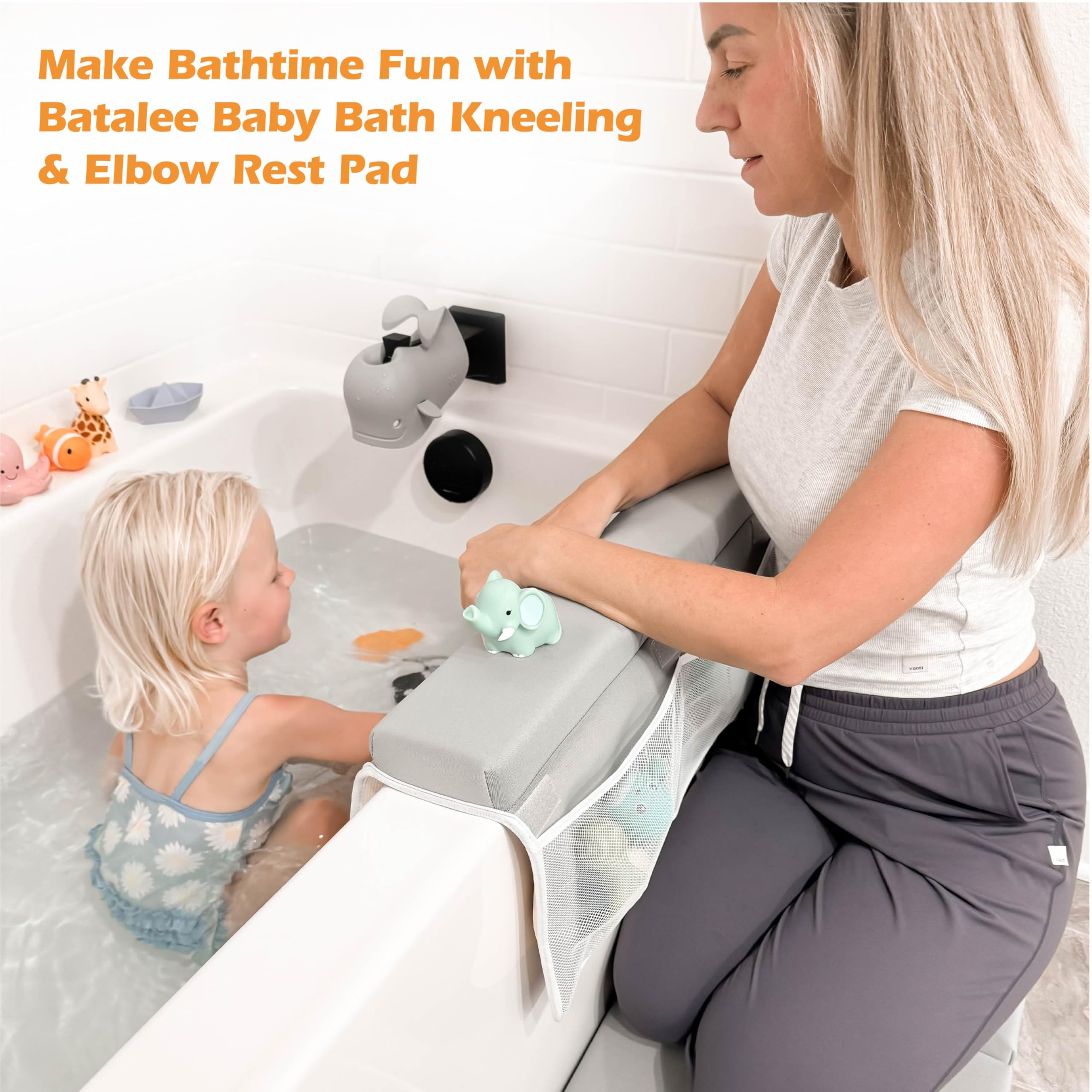 BATALEE Bath Kneeler and Elbow Rest Pad Set - Baby Bath Kneeler, Bathtub Kneeling Pad, Kneeling Pad for Bathing Baby, Knee & Elbow Saver with 4 Toy Organizer Pockets, X-Large 22 × 15 in, Gray