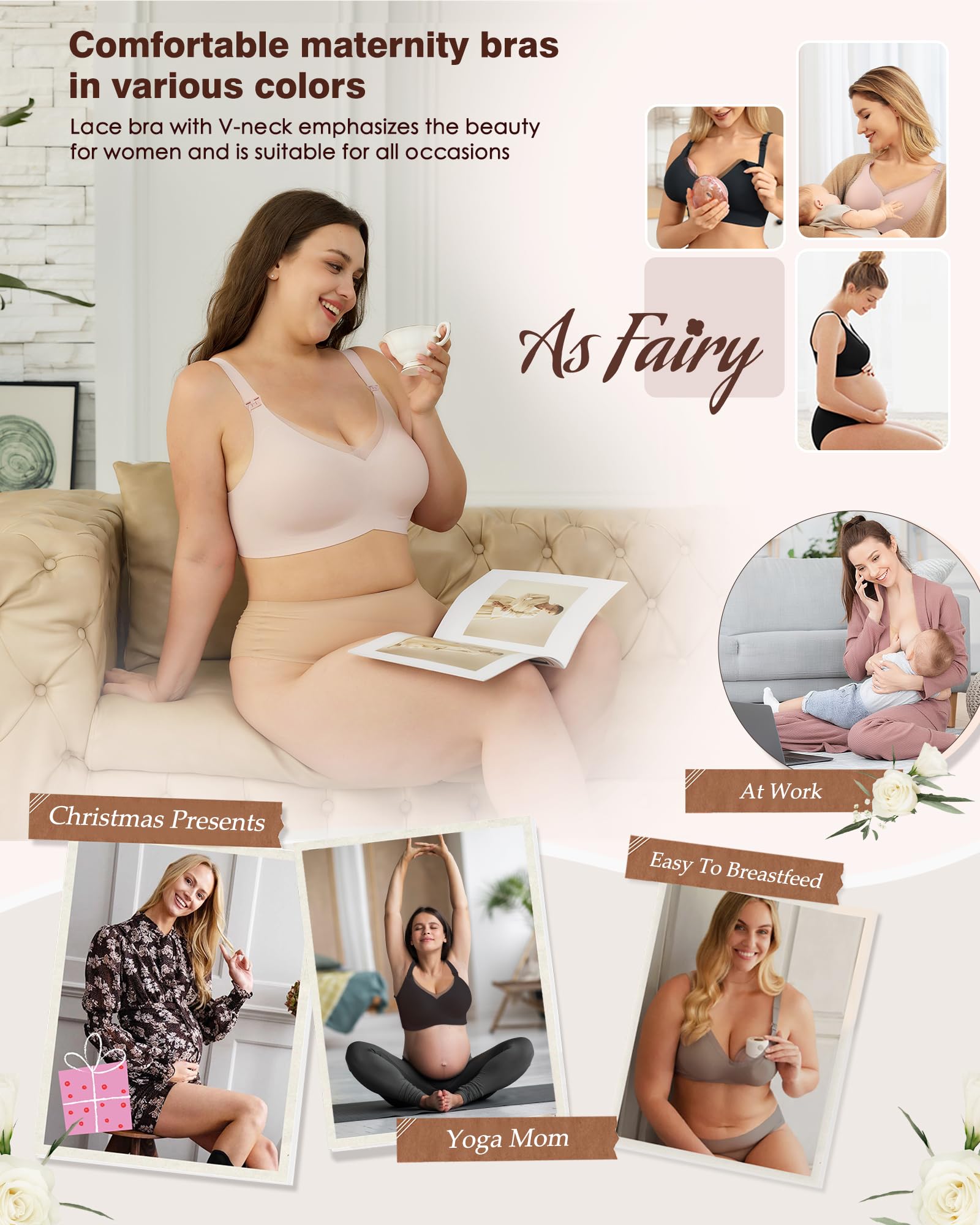 As Fairy Nursing Bra Wireless Maternity Bra with Support Hands-Free Pumping Bra Seamless Bralette Sleep Nursing Tank Top with Lace Postpartum Bras 38dd 40c 40d 42b Pink XX-Large