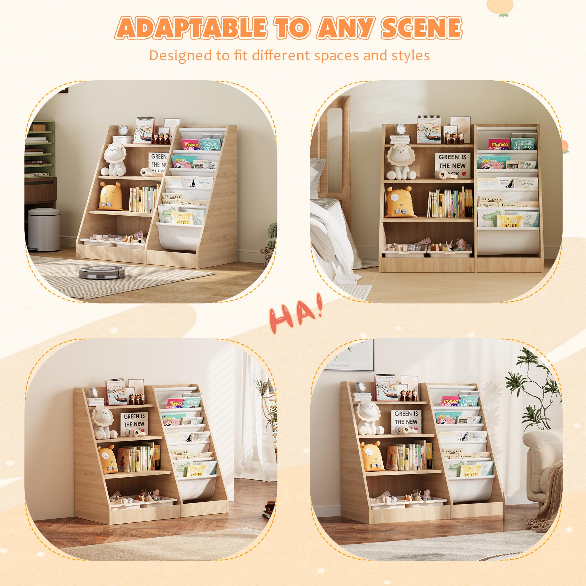 HedoAjim 4 Tier Kids Wooden Bookshelf,Five Layer Sling Children Bookcase,Baby Storage Book Rack,Book and Toy Organizer Cabinet Chest,Book Display Shelf,Playroom Nursery Classroom Library