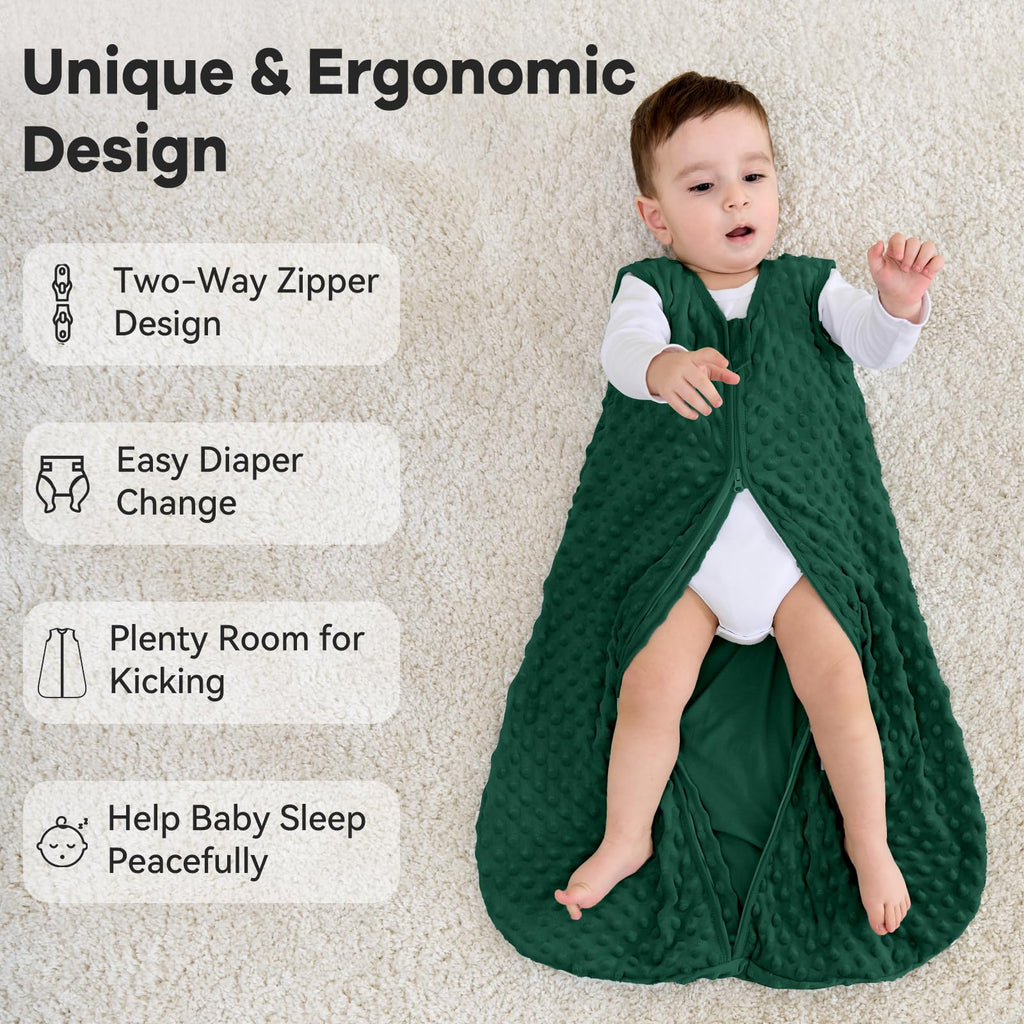 Unnivoll Fleece Baby Sleep Sack 12-18 Months with Plush Dots 1.5 Tog Baby Wearable Blanket with 2-Way Zipper Warm Sleeping Sack for Toddler Infant - Large, Forest Green