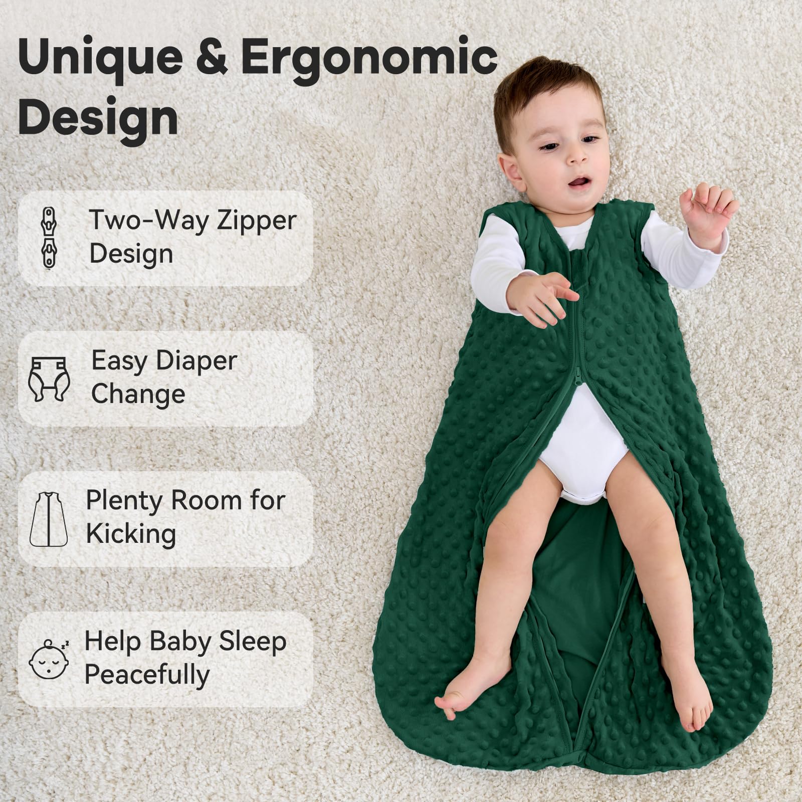 Unnivoll Fleece Baby Sleep Sack 12-18 Months with Plush Dots 1.5 Tog Baby Wearable Blanket with 2-Way Zipper Warm Sleeping Sack for Toddler Infant - Large, Forest Green