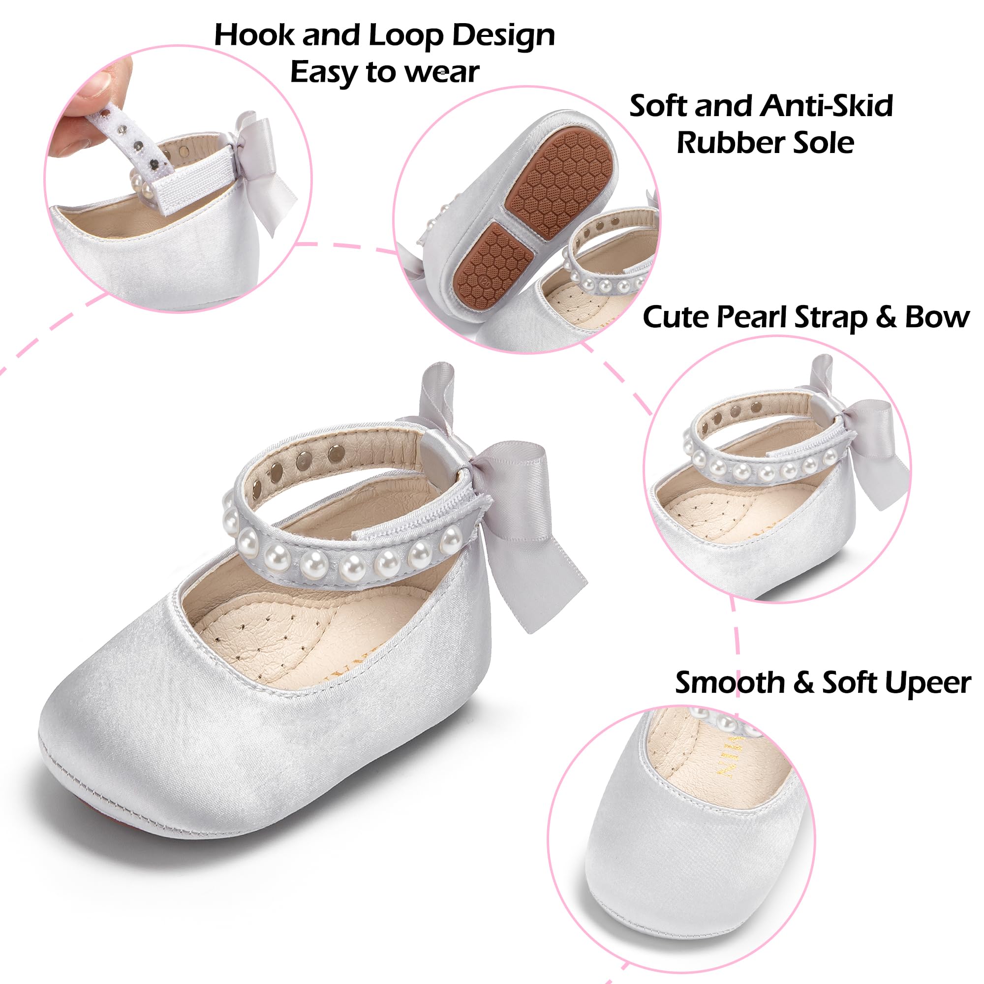 PHIRAMIN Baby Girls Silver Grey Mary Jane Flats - Infant 9-12 Months Walking Shoes Soft Rubber Sole Princess Wedding