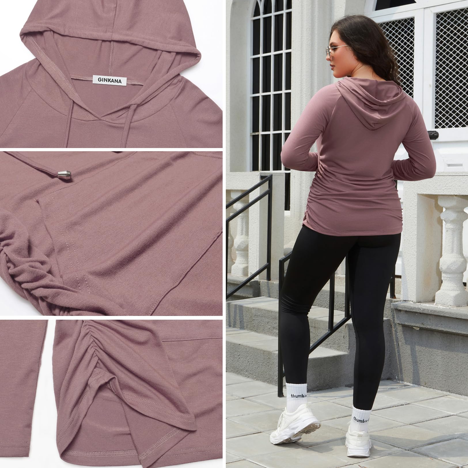 GINKANA Maternity Casual Hoodie Long Sleeve Tops with Pocket Drawstring Maternity Lighthweight Sweatshirt,Mauve,M