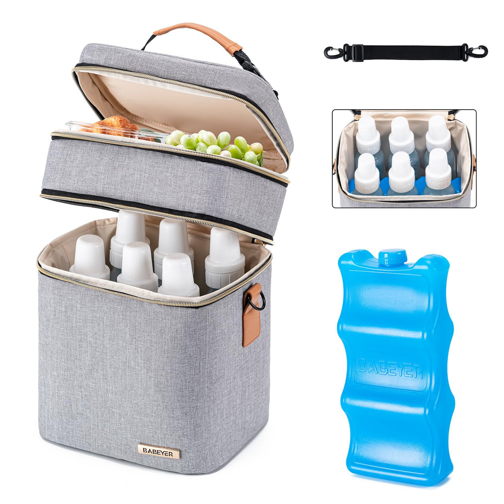BABEYER Breastmilk Cooler Bag with Ice Pack Fits 6 Baby Bottles Up to 9 Ounce, Double Deck Leak-Proof Baby Bottles Bag with Shoulder Strap for Nursing & Working Mom, Grey