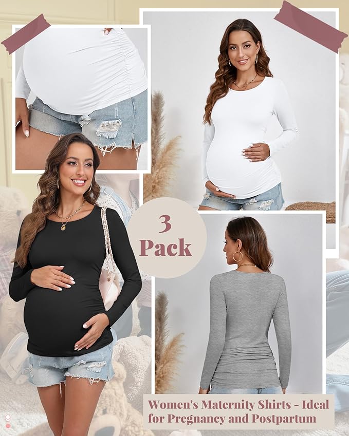 Ficerd 3 Pack Women's Maternity Shirts, Long Sleeve Side Ruched Pregnancy Tee Tops Crew Neck Casual Mama Clothes Basic Tunic