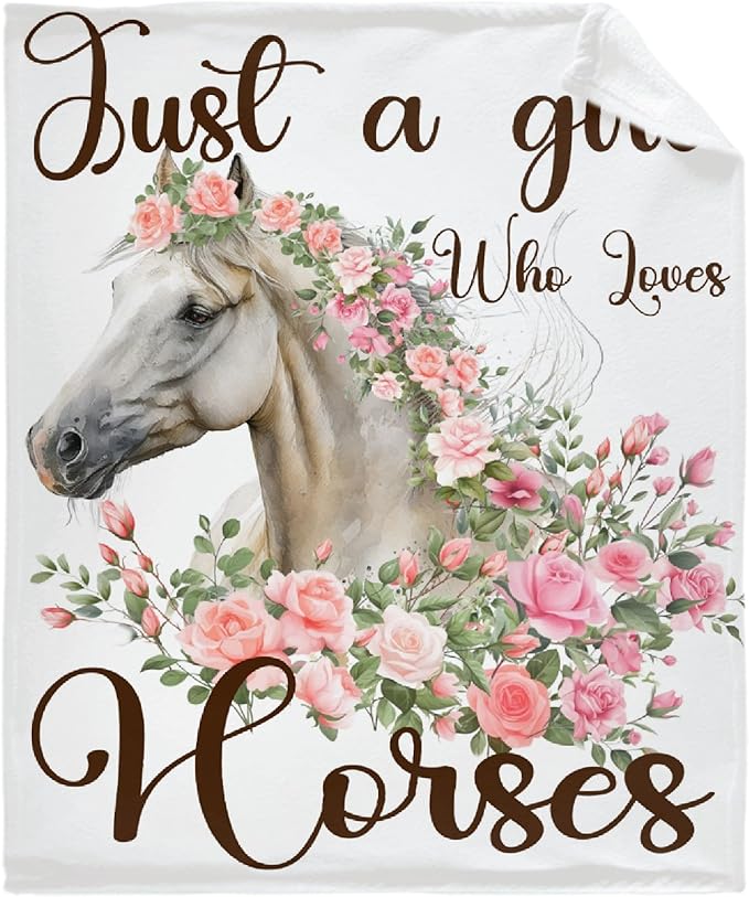 Just A Girl Who Loves Horses Blanket for Adults,Flowers Animals Throw Blanket for Girls Boys Lightweight Cute Horse Soft Cozy Flannel Blanket for Kids 90 * 120 Inches