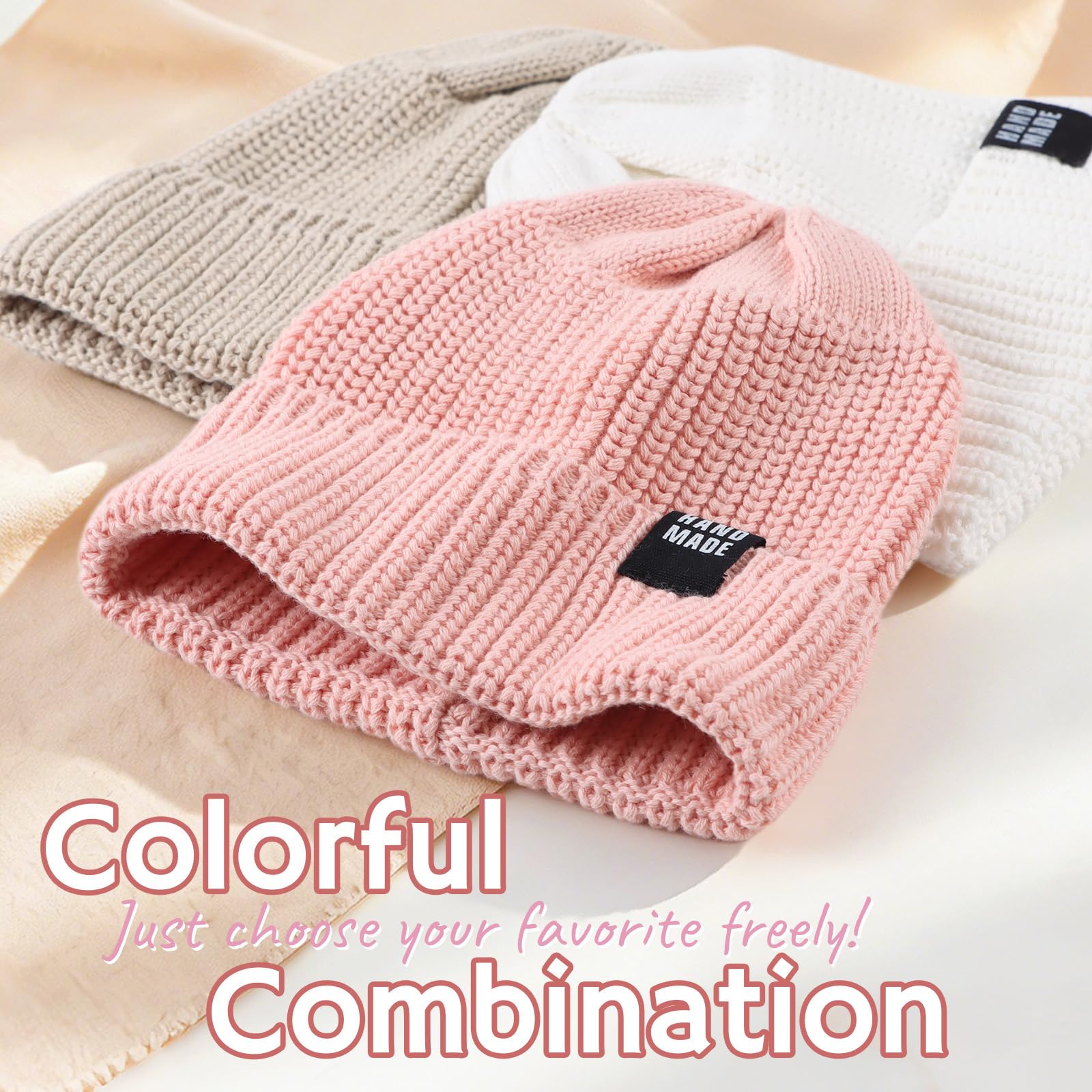 JANGANNSA Simple Knitted Baby Beanie Hip-Hop Boys Winter Hat Toddler Kids Bonnet for Girls 0-5Y (White+Pink+Beige, M)