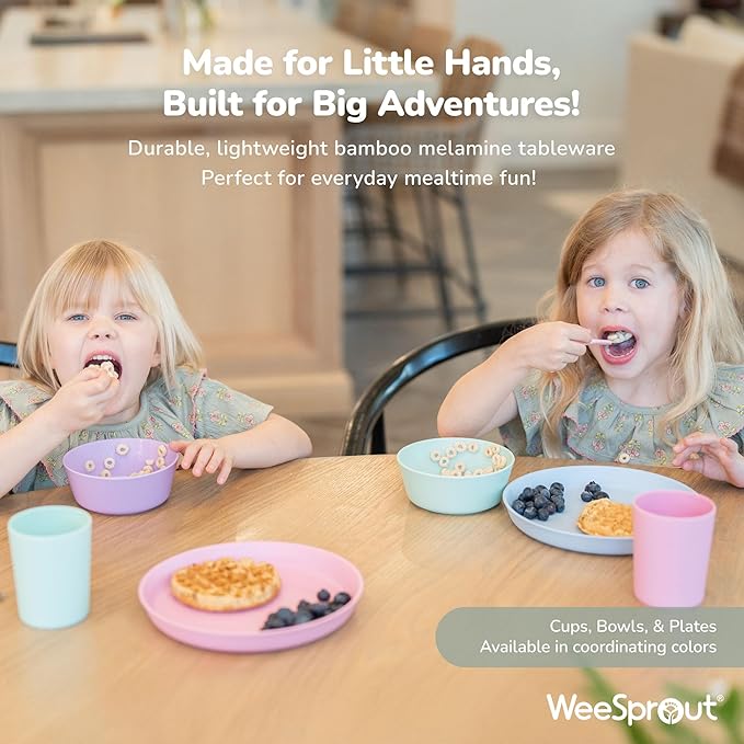 WeeSprout Bamboo Plates, Set of 4, Kid-Sized Dinnerware, Dishwasher Safe Melamine Dishware (Blue, Yellow, Orange, & Red, Without Lids)