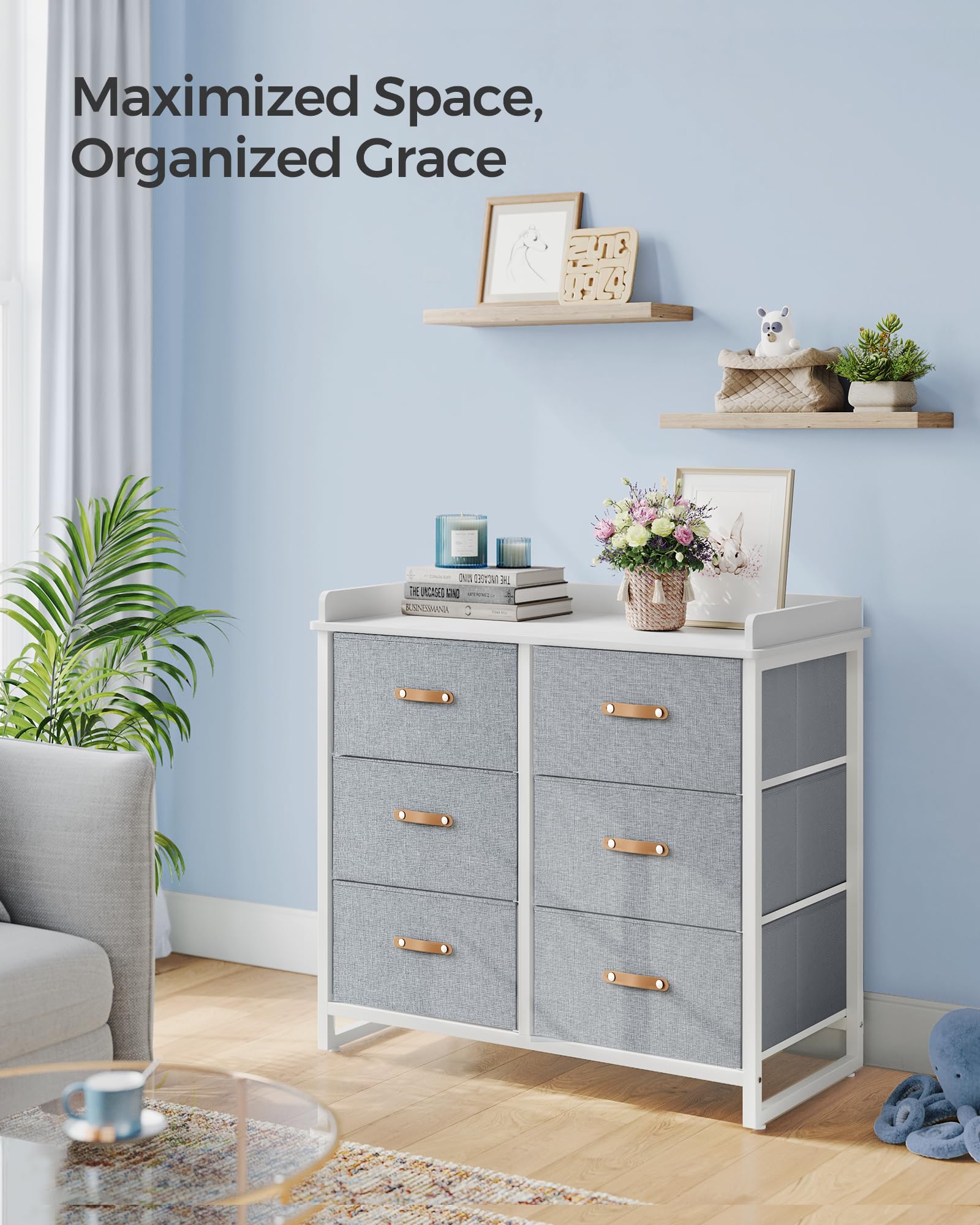 SONGMICS Kids Dresser with 6 Drawers, Boys Girls Dresser, with Water-Resistant Tabletop, Storage Organizer Cabinet, for Bedroom Hallway, Gray UGKR101G01