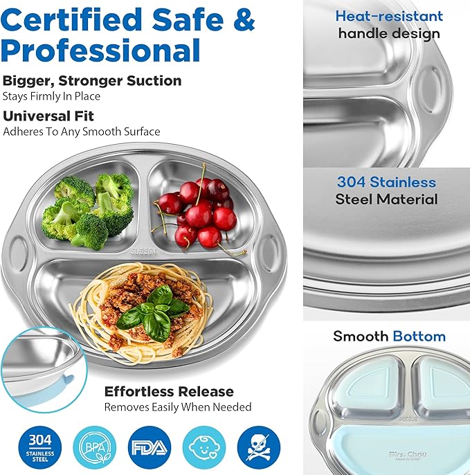 Stainless Steel Baby Suction Plates: Divided Plates for Babies and Toddlers, Made of 100% Food-Grade Materials Ideal for Baby-Led Weaning BPA-Free Toddler Feeding Dishwasher Safe Green