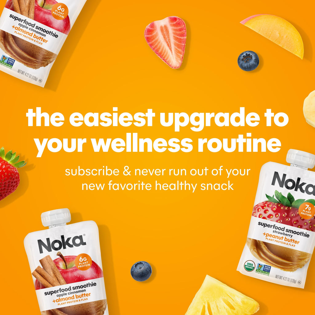 Noka Superfood Fruit Smoothie Pouches, Organic Applesauce Pouches with Apple, Cinnamon & Almond Butter, Healthy Snacks with Organic Fruits, Plant Protein, Fiber & Flax Seed, 4.22 oz (Pack of 12)