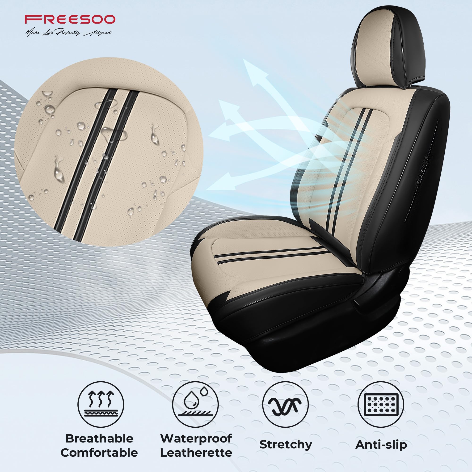 FREESOO Leather Seat Covers Full Set for Cars Trucks SUV, Beige Black