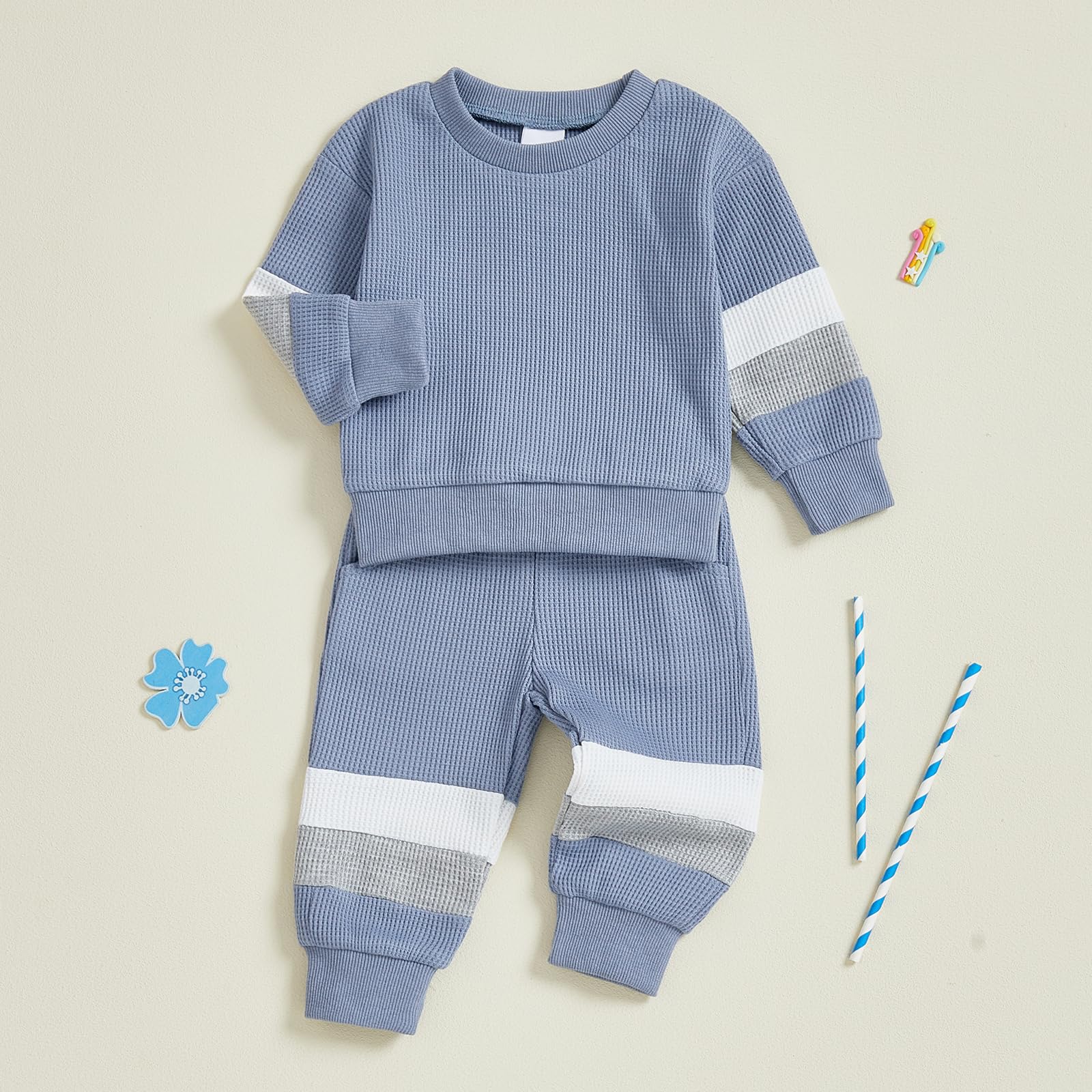 Kuriozud Toddler Baby Boy Fall Winter Clothes Long Sleeve Crewneck Pullover Sweatshirt Jogger Pants Set 2 Piece Outfit (Waffle Color Block Blue, 18-24 Months)