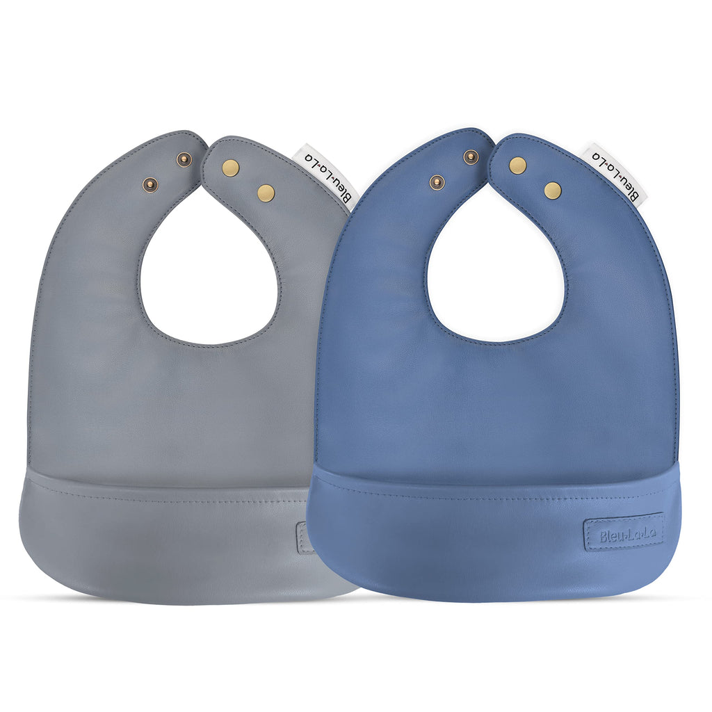 Bleu La La Vegan Leather Easy Clean Baby Bibs with Pocket and Snaps for Infants 0-12 Months (Steel Blue + Grey)