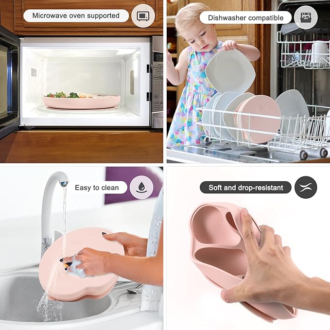 Li&Zhao Baby Bowls with Suction - Suction Plates for Toddlers Toddler Plate Baby Plate Divided Design Kids Plates Baby Suction Plate with Lids Microwave & Dishwasher