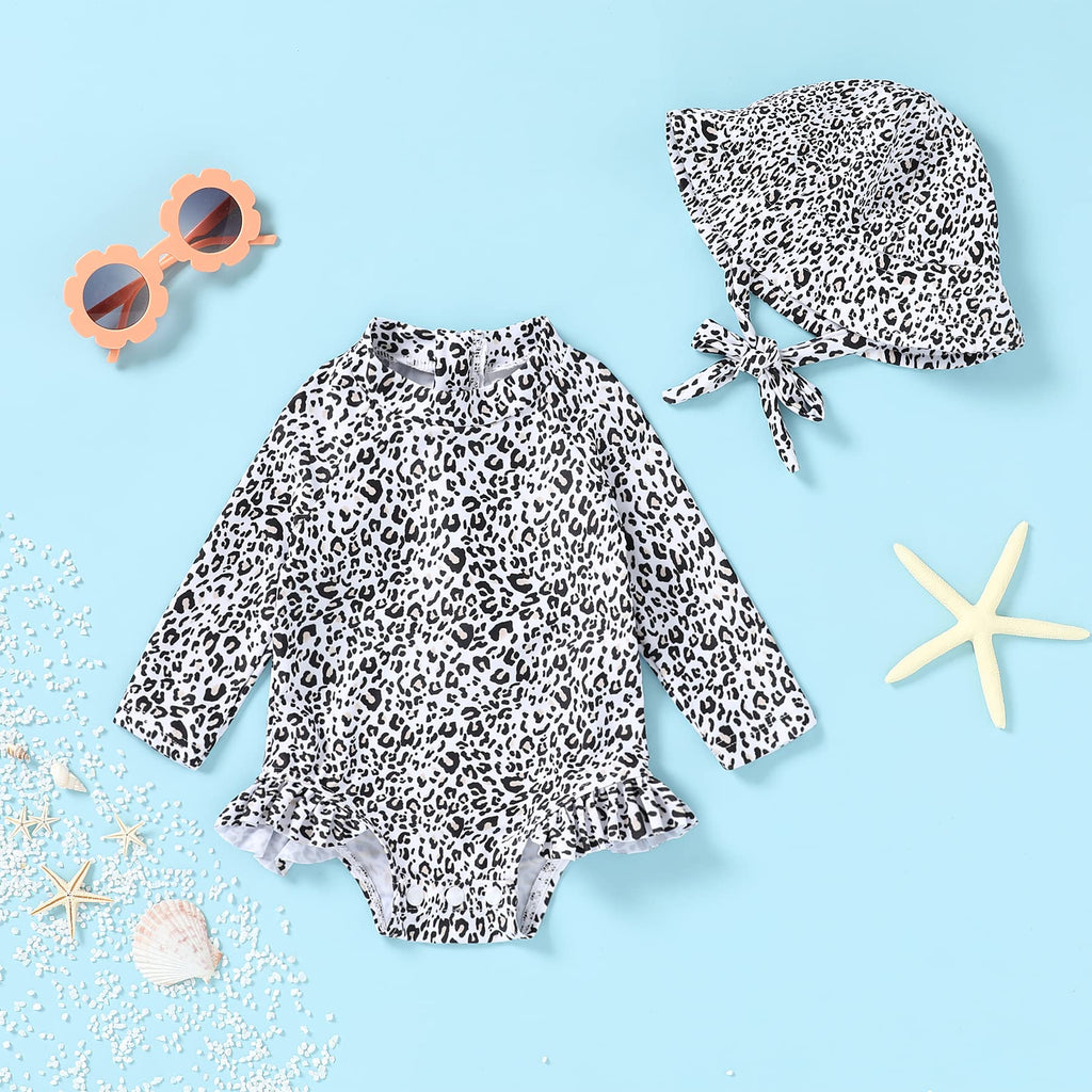 Infant Baby Girl Swimsuit One-Piece Long Sleeve Rash Guard with Hat Set Floral Zipper Bathing Suit Leopard Beach Wear(0-3 Months, Leopard)