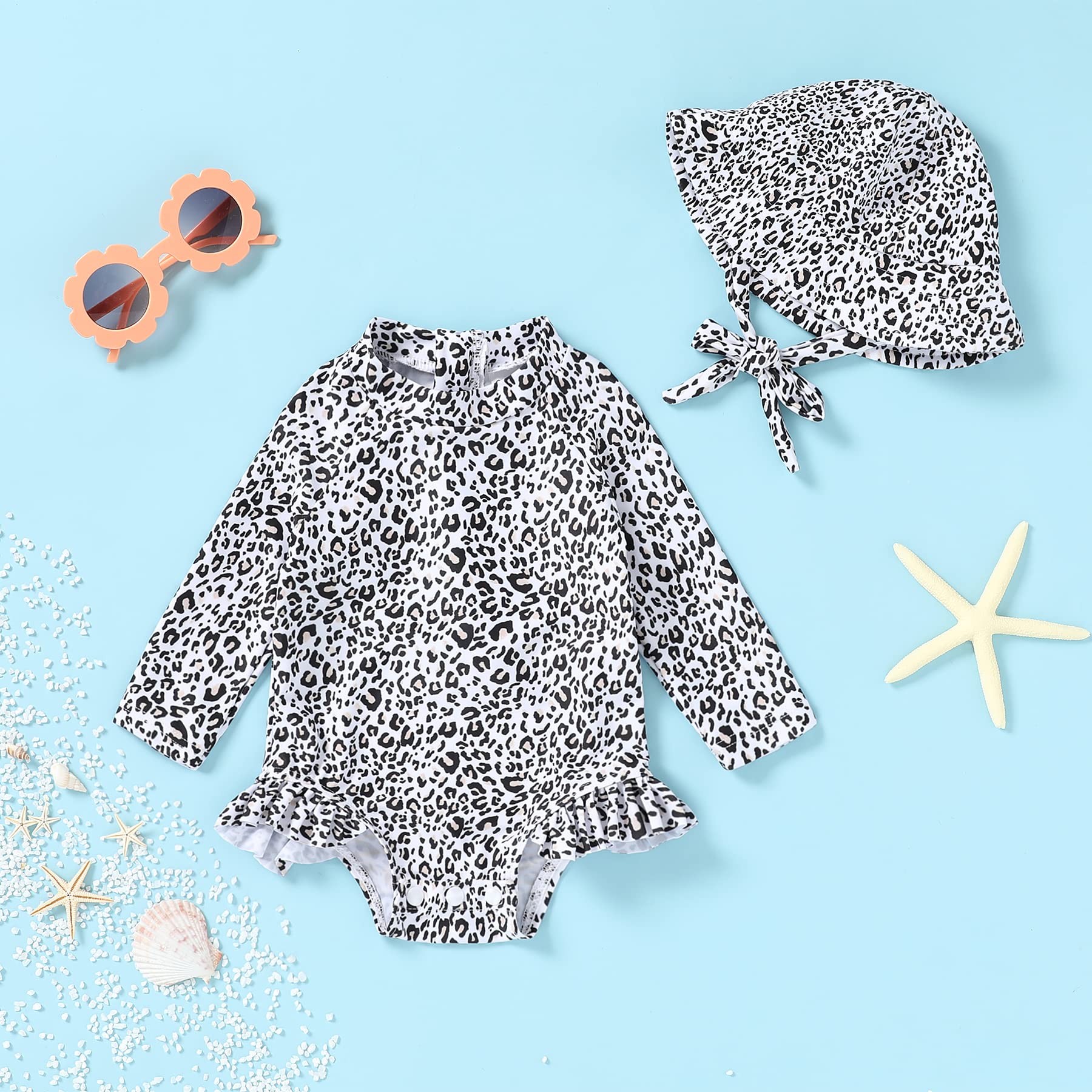 Infant Baby Girl Swimsuit One-Piece Long Sleeve Rash Guard with Hat Set Floral Zipper Bathing Suit Leopard Beach Wear(0-3 Months, Leopard)