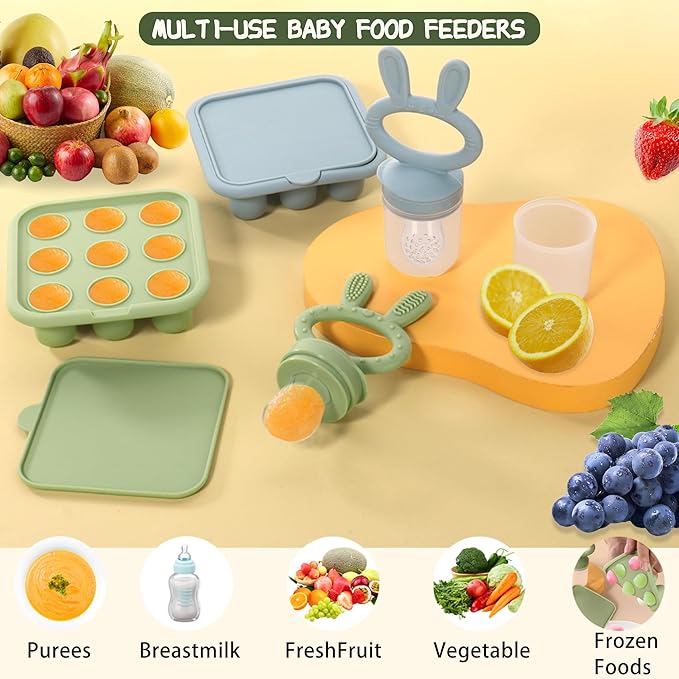 WAJIAYON Baby Breastmilk Popsicle Molds & Baby Fruit Feeder (2 Pack), Baby Food Freezer Tray Storage Containers, Silicone Teething Pacifier Feeder and Teether for Babies,Baby Feeder - Blue