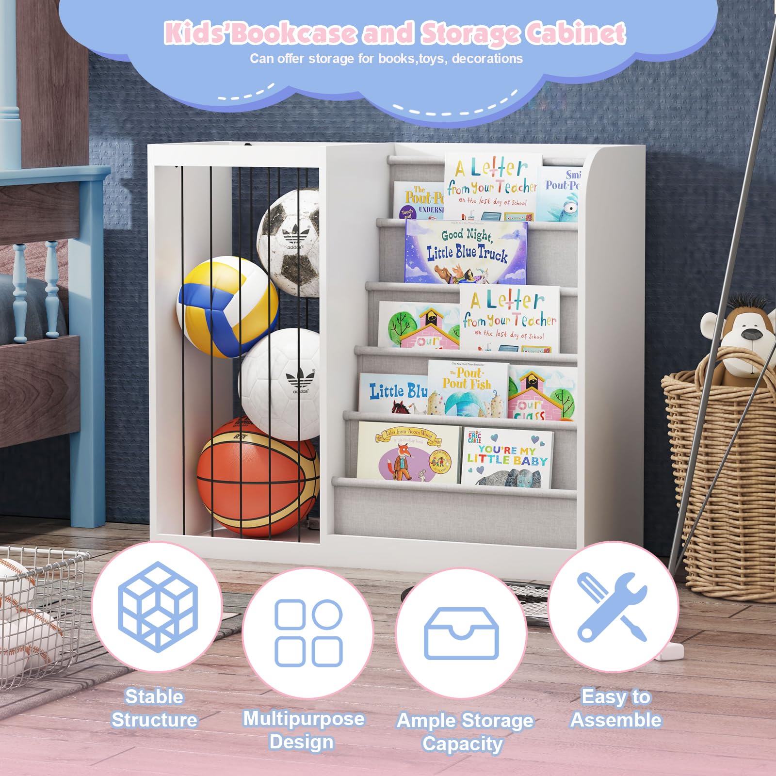 HedoAjim White Kids Bookshelf & Stuffed Animal Net Holder Plush Toy Storage Organizer Child Bookcase Toddler Baby Sling Book Rack for Playroom Bedroom Nursery Infant Boys Girls Classroom