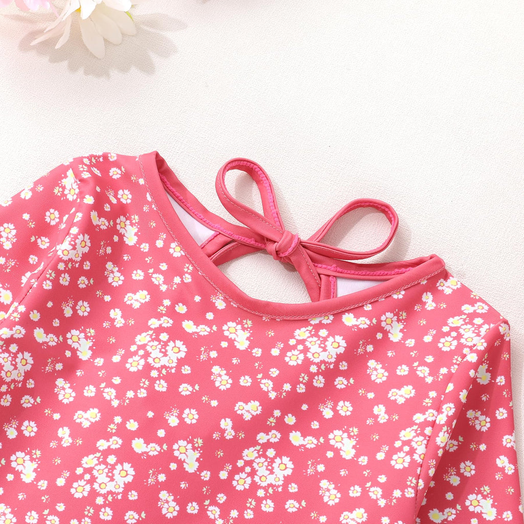 Infant Baby Girls Long Sleeve One Piece Swimsuit with Hat Floral Zipper Bathing Suit Leopard Beach Wear (Rose Red Edged Floral Fragments，18-24Months)