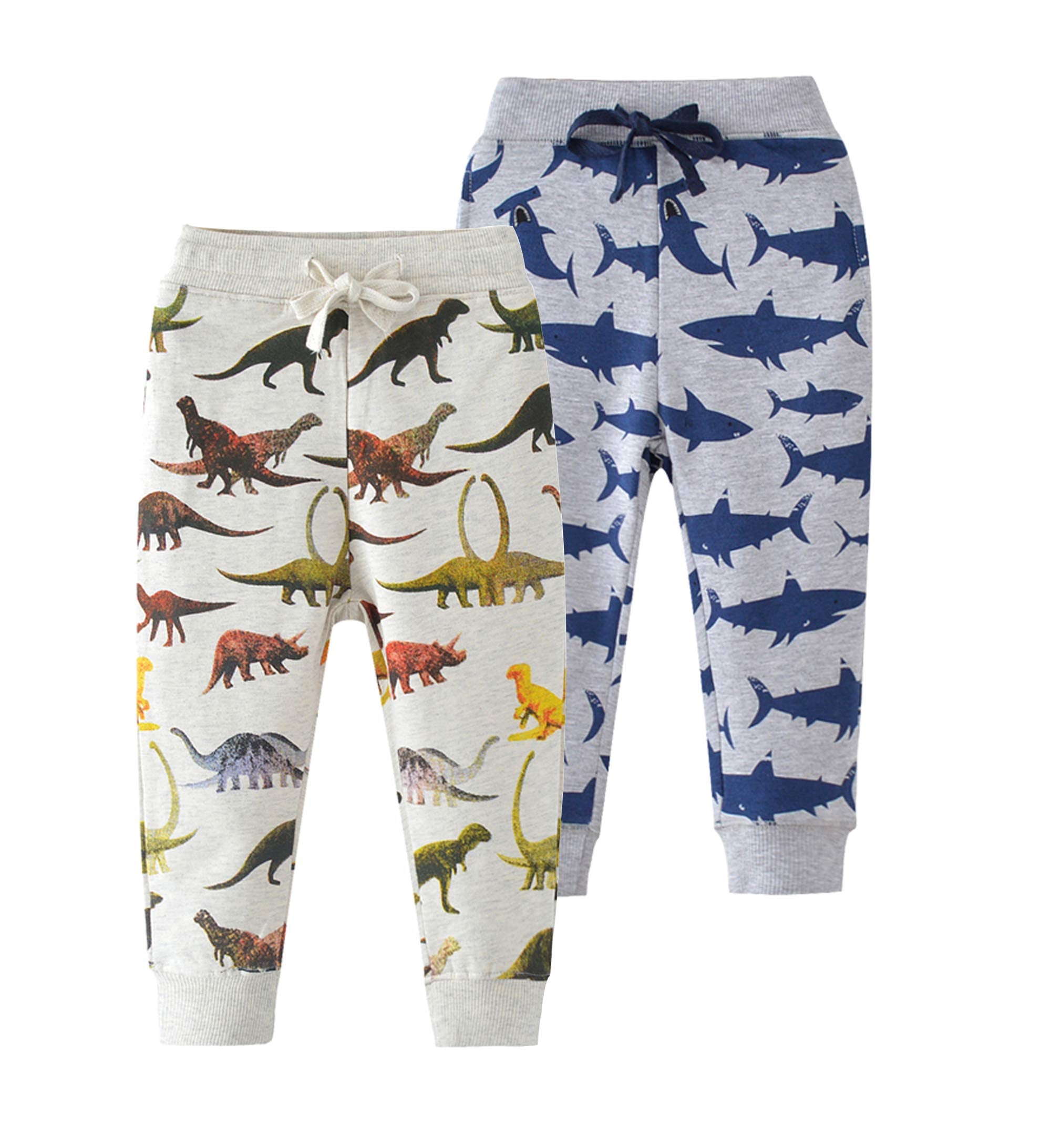 HUAER& Baby Boy's Jogger Pants Dinosaur Car Animal Print Drawstring Elastic Sweatpants 2-Pack (Dinosaur + Shark, 3T)
