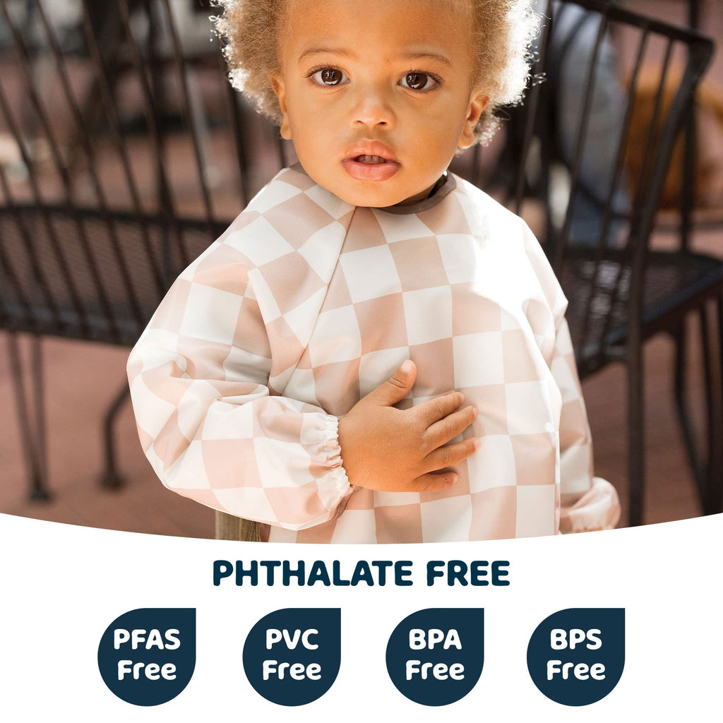 Tiny Twinkle Long Sleeve Bib for Babies & Toddlers | Waterproof Smock Bib for Eating | Machine Washable & Mess-Proof Feeding Essentials | Newborn Shower Gift (Checkers Brown, 6–24M)