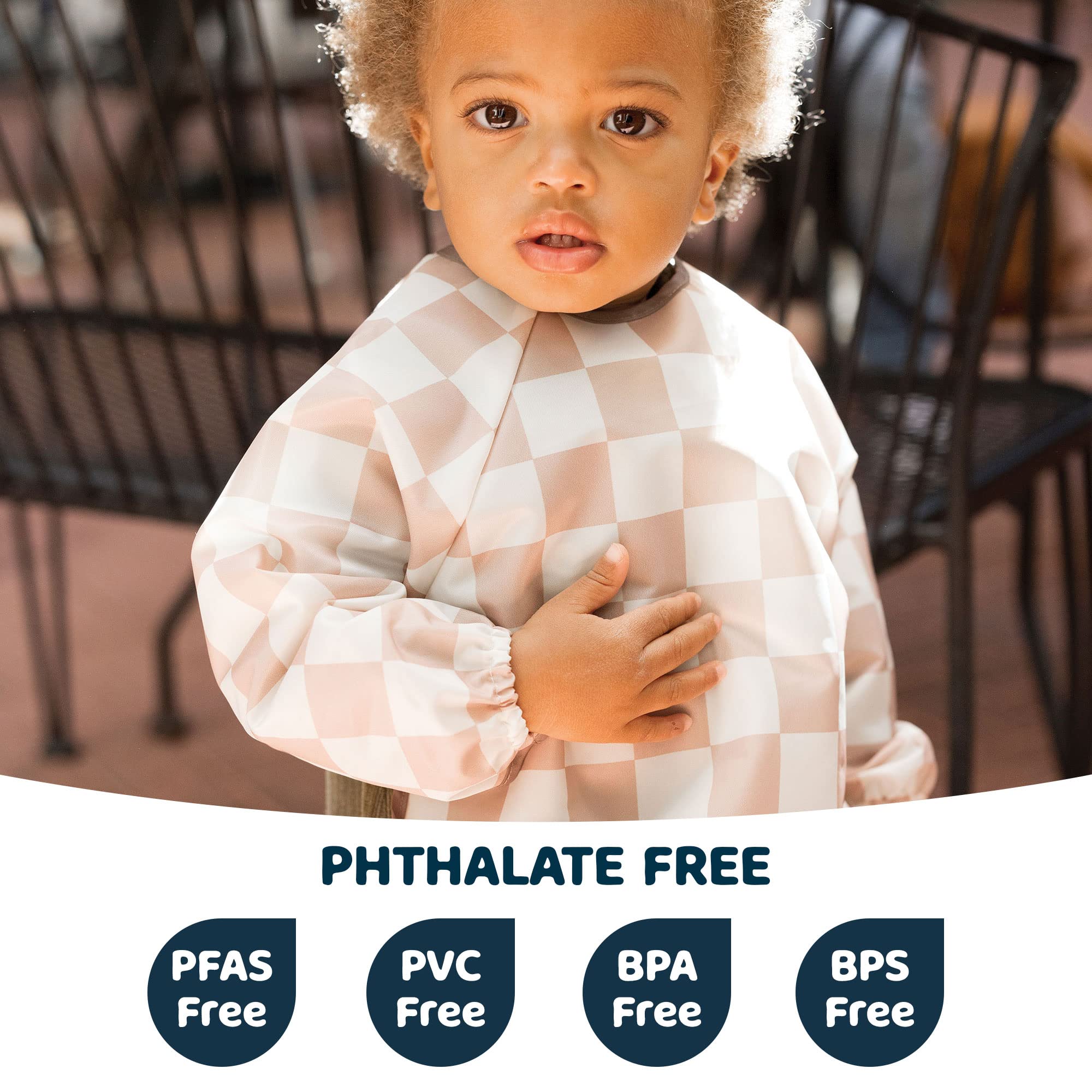 Tiny Twinkle Long Sleeve Bib for Babies & Toddlers | Waterproof Smock Bib for Eating | Machine Washable & Mess-Proof Feeding Essentials | Newborn Shower Gift (Checkers Brown, 6–24M)