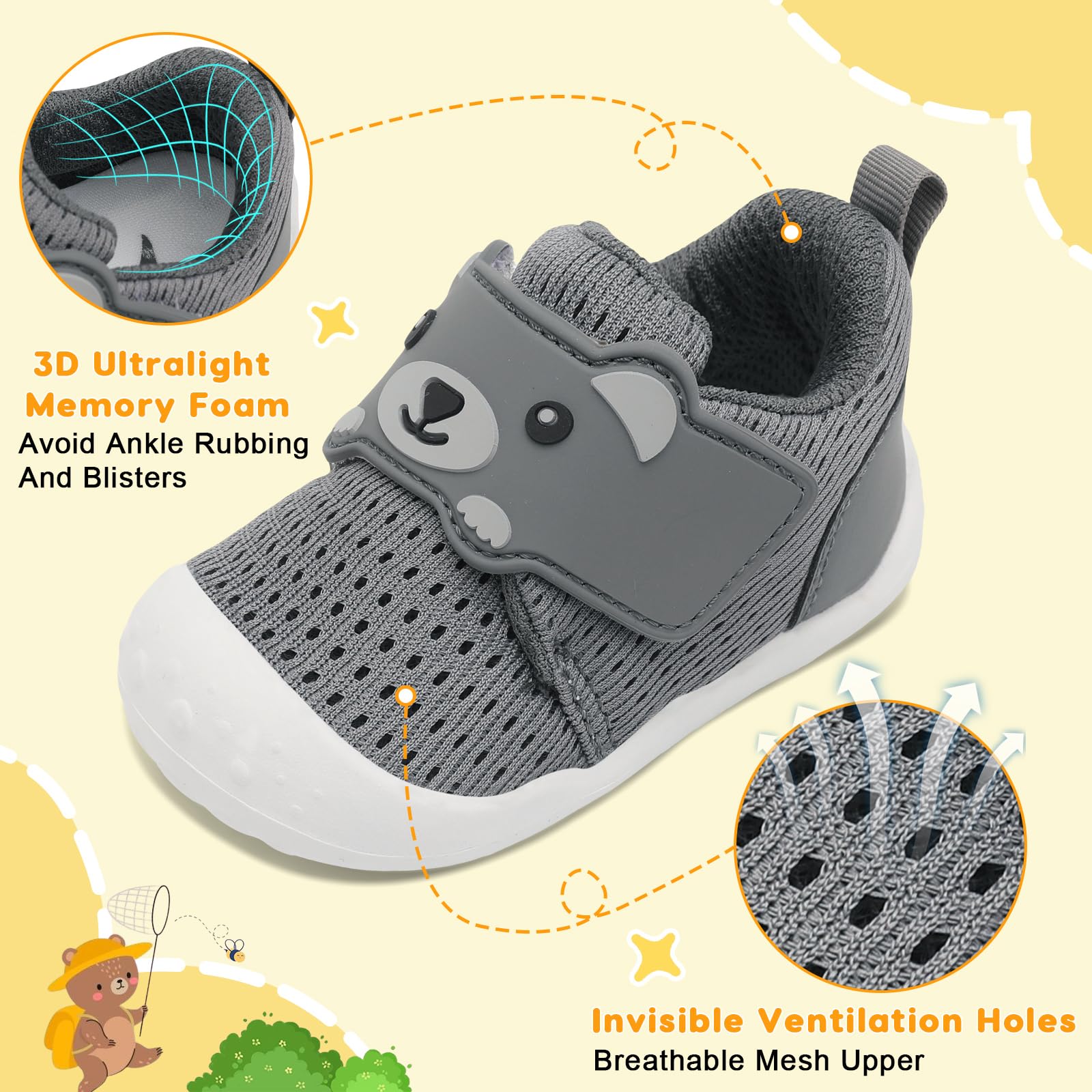 FEETCITY Baby Boys Girls Shoes First Walker Shoes Wide Infant Shoe Baby Sneakers Breathable Bear Toddler Barefoot Shoe 12-18 Months