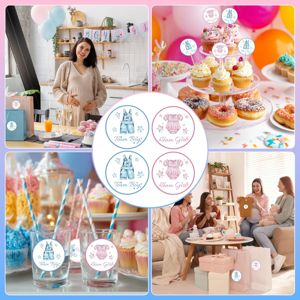 80Pcs Cute Baby Clothes Decal Stickers Roll, 2 inch Team Boy Team Girl Gender Reveal Labels, Pink and Blue Self-Adhesive Decorative Round Stickers for Brithday Baby Shower Party Supplies