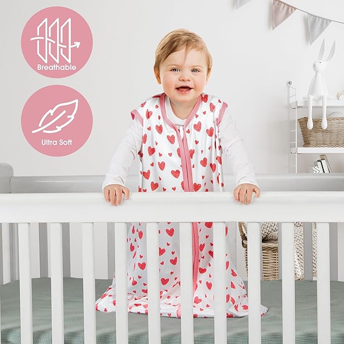 3 Pack Baby Sleep Sack 12-18 Months 100% Rayon Cotton Baby Sleeping Bag 2-Way Zipper Toddler Wearable Blankets Comfy Stretchy Lightweight TOG 0.3 （Heart&Pink&Floral）