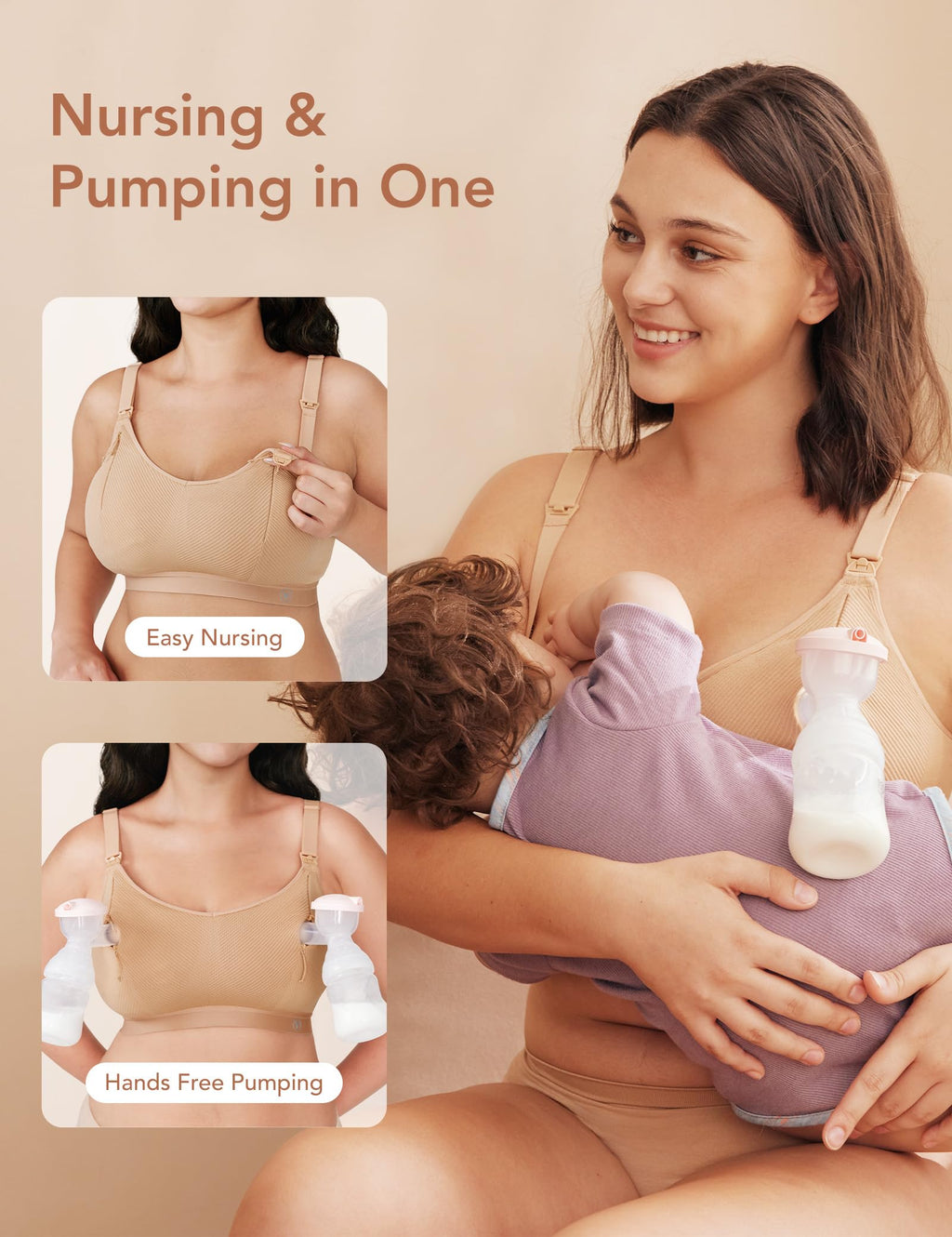 Pumping Bra Hands Free Zip Opening Design Seamless Nursing Bras for Breastfeeding High Support Nursing & Pumping Bra in One Beige M