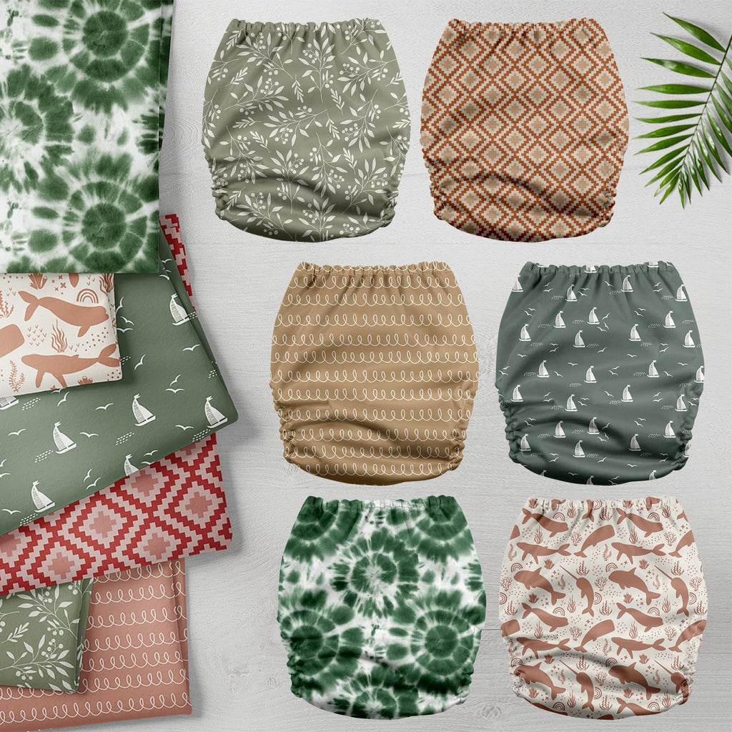 Mama Koala 3.0 Pocket Cloth Diapers for Babies with AWJ Lining, 6 Pack with 6 5-Layer Natural Cloth Diaper Inserts - Reusable and Washable Pocket Diapers(A-Calm Spring)