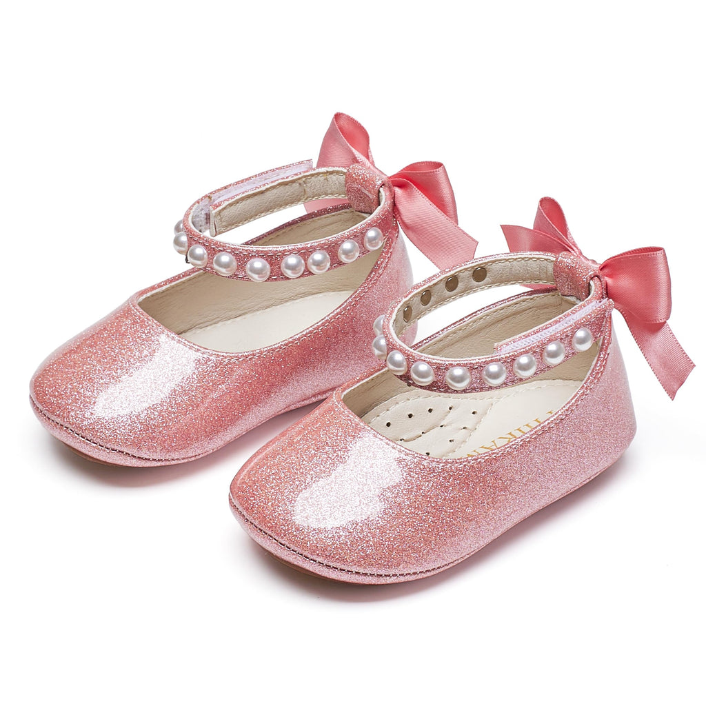 PHIRAMIN Baby Girls Glitter Pink Mary Jane Flats - Infant 18-24 Months Walking Shoes Soft Rubber Sole Princess Wedding