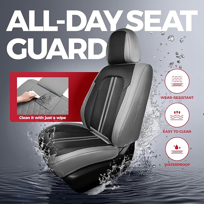 FREESOO Car Seat Covers Full Set, Black Grey Waterproof Car Seat Cover, Leather Seat Covers for Trucks, Luxury Car Seat Covers Front Seats and Auto Back, Car Seat Protector Cushion for Most SUV Cars