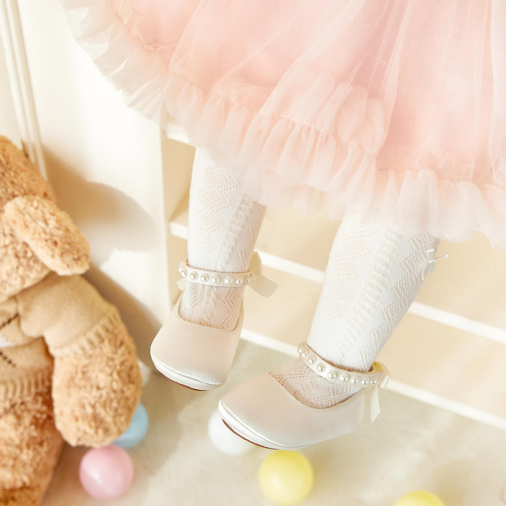 PHIRAMIN Baby Girls Satin Ivory White Mary Jane Flats - Infant 12-18 Months Walking Shoes Soft Rubber Sole Princess Wedding