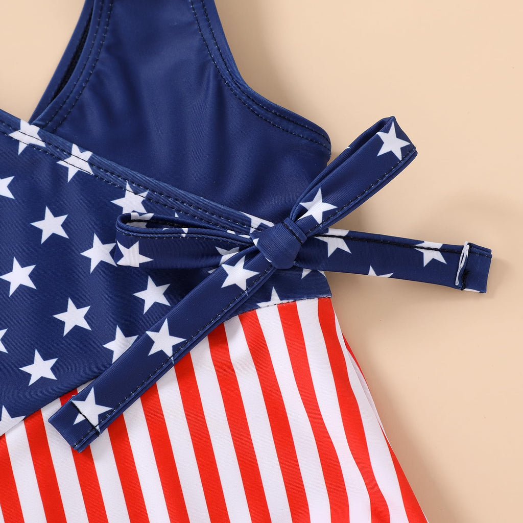 Happy Town Toddler Swimsuit Girl One Piece Bathing Suit Color Block Swimwear Baby Summer Beach Wear(12-18 Months,4th of July)