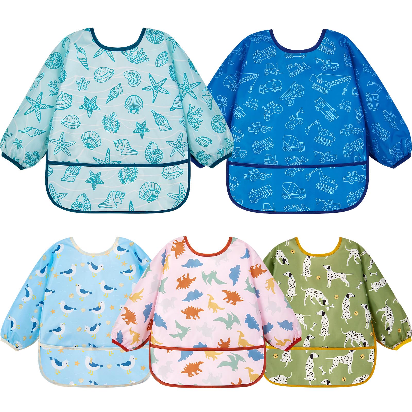 Lictin Baby Bibs for Boys Girls - Long Sleeve Bib, Waterproof Toddler Bibs, 0-24 Months Neutral Baby Smock for Eating (Dark Blue/Wathet/Blue/Green/Brown, 0-24 months)