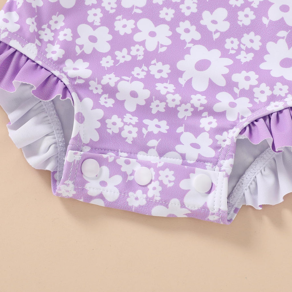 Infant Baby Girls Long Sleeve One Piece Swimsuit with Hat Floral Zipper Bathing Suit Leopard Beach Wear (Purple Floral Fragments，3-6Months)