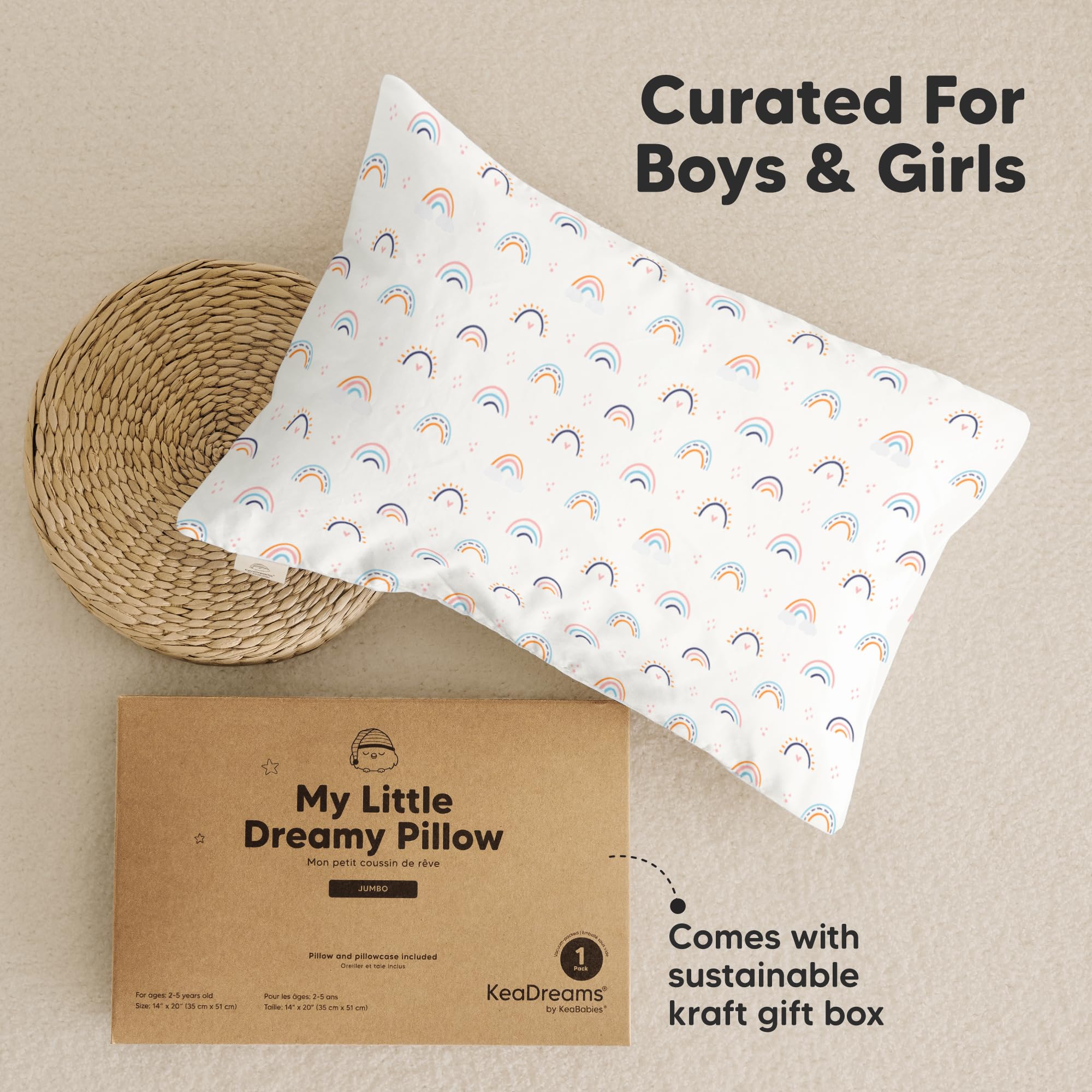 KeaBabies Organic Toddler Pillow with Pillowcase, Jumbo 14X20 (Flutter)