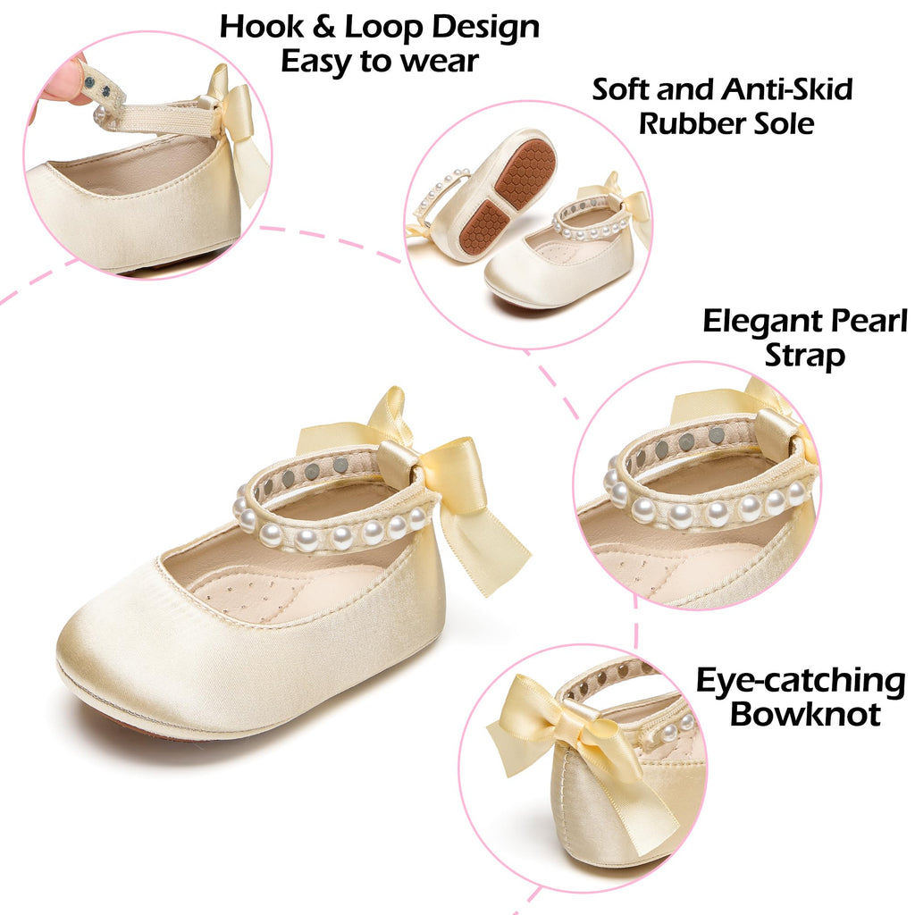 PHIRAMIN Baby Girls Satin Gold Mary Jane Flats - Infant 12-18 Months Walking Shoes Soft Rubber Sole Princess Wedding