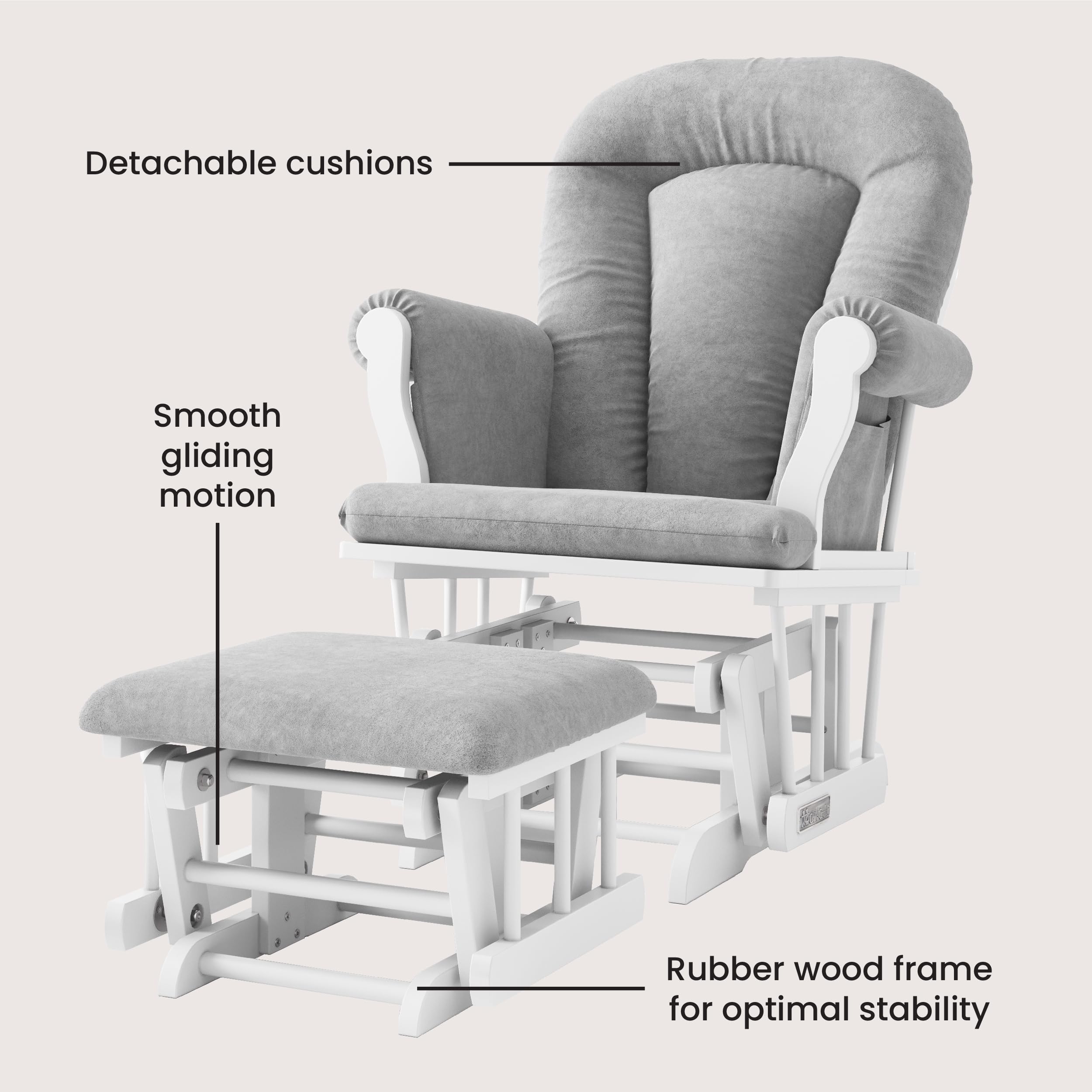 Child Craft Cozy Glider Rocker and Ottoman Set, Smooth Quiet Gliding Motion, Padded Cushion with Convenient Storage Pockets, Solid Wood Base & Frame (Matte White with Light Gray Cushion)