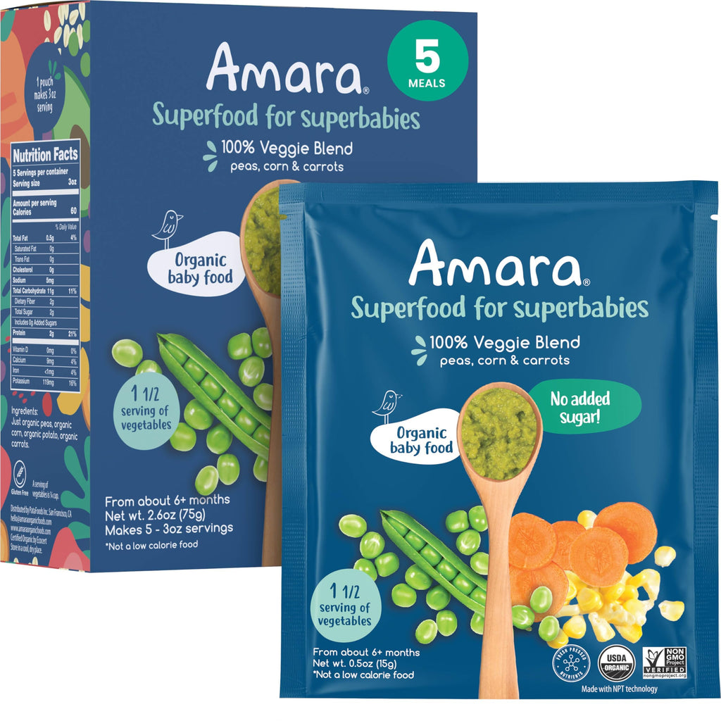 Amara Organic Baby Food - Stage 2 - Peas, Corn & Carrots - Baby Cereal to Mix With Breastmilk, Water or Baby Formula - Shelf Stable Baby Food With 100% Organic Veggies - 5 Pouches, 3.5oz Per Serving